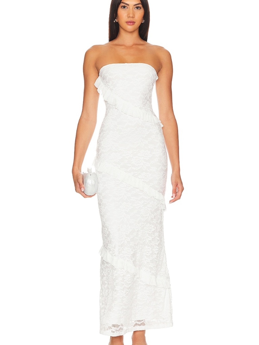 Strapless White Lace Column Dress with Ruffle Detail